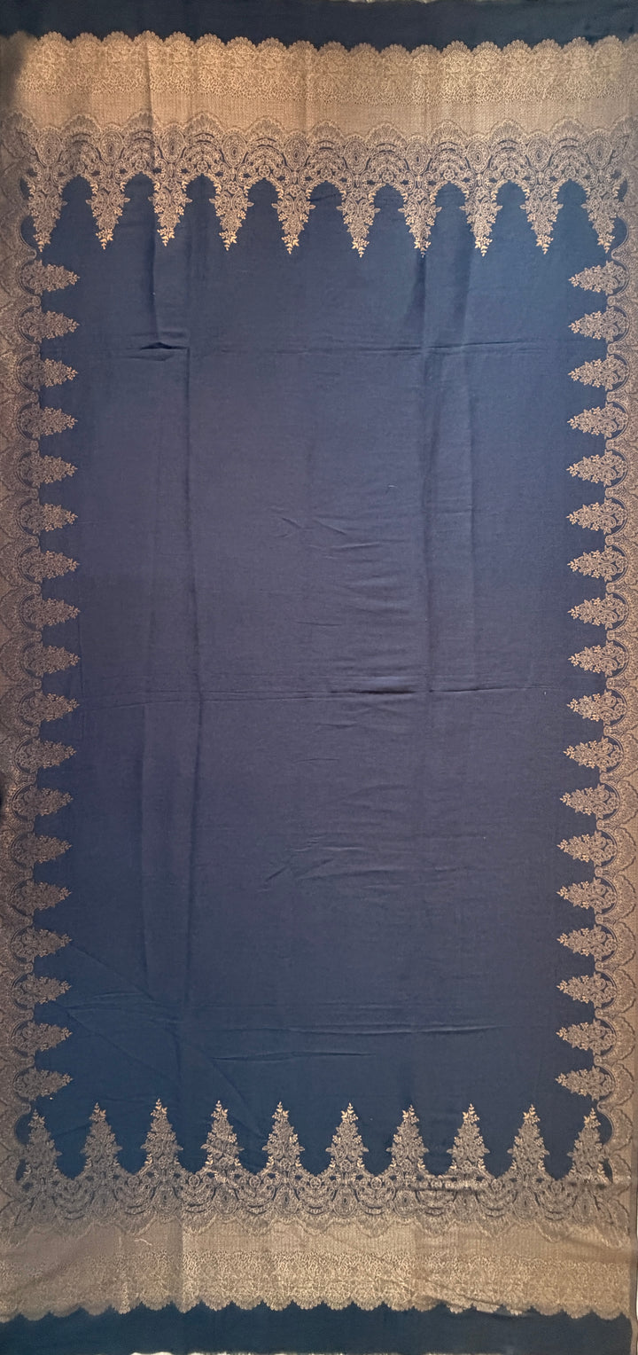 Premium Quality Blue Golden Reversible Moonlight Kani Pashmina Cashmere Shawl