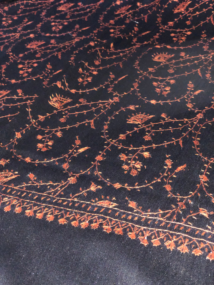 Premium Quality Orange Embroidered Black Pashmina Cashmere Shawl