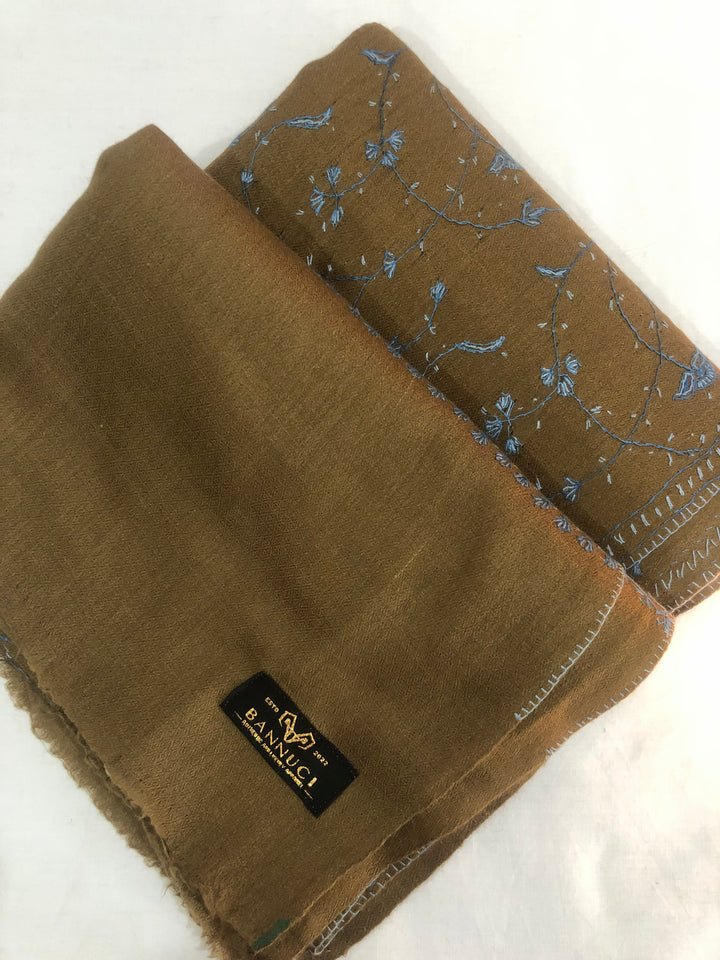 Premium Quality Hand Embroidered Brown Pashmina Cashmere Shawl