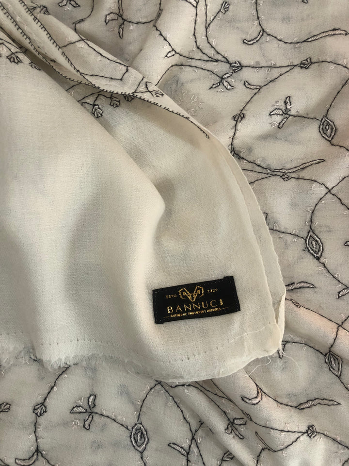 Premium Quality Hand Embroidered White Pashmina Cashmere Shawl