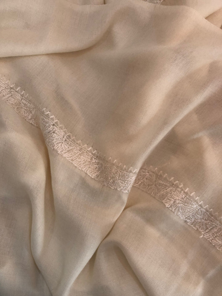 Premium Quality Off White Hand Embroidered Pashmina Cashmere Shawl