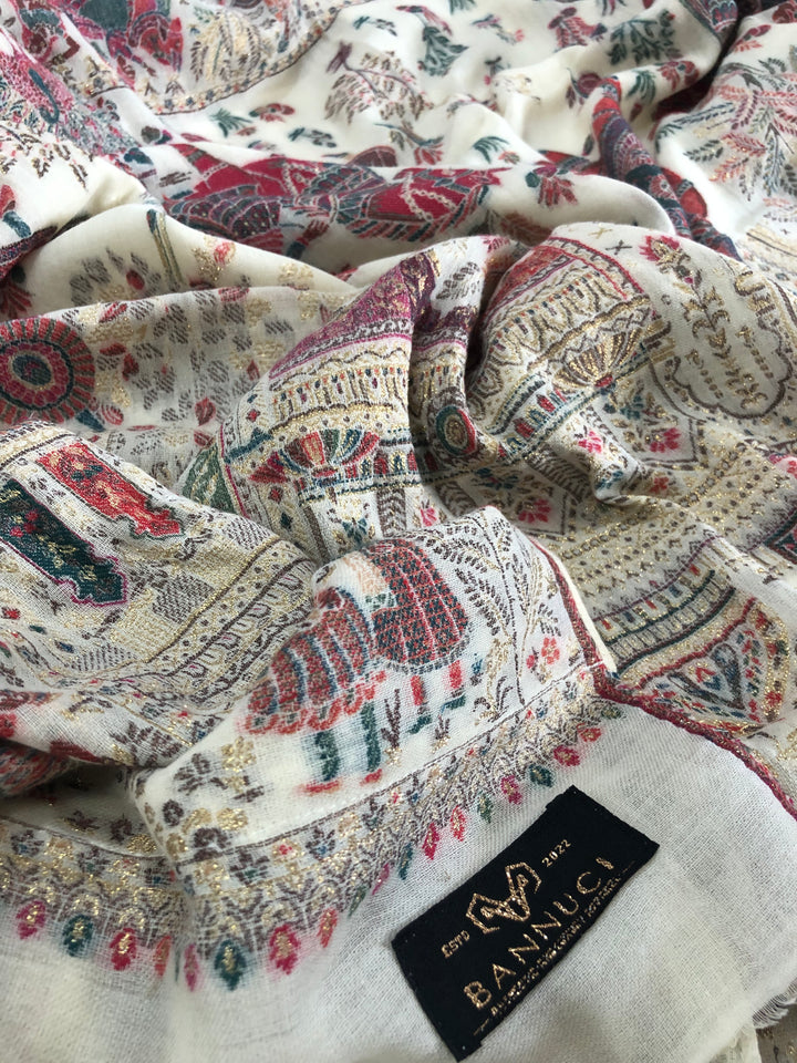 Premium Quality Off White Multi Color Woven Pashmina Cashmere Shawl
