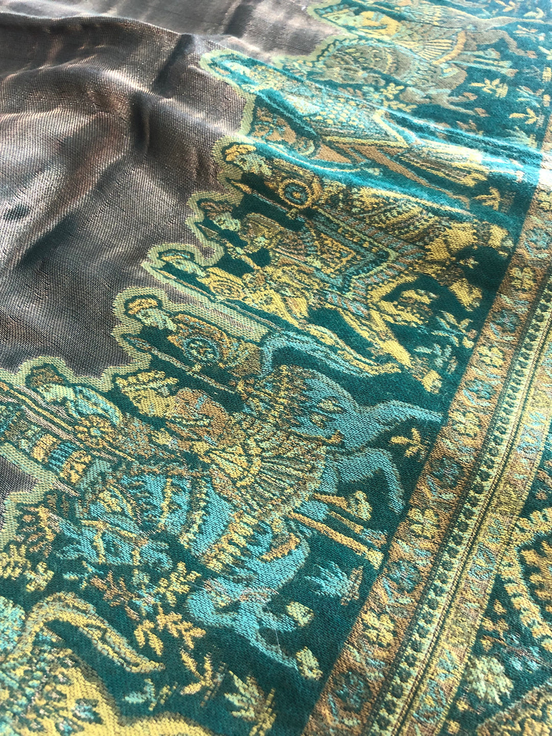 Premium Quality Moon Light Parrot Green Color Woven Pashmina Cashmere Shawl