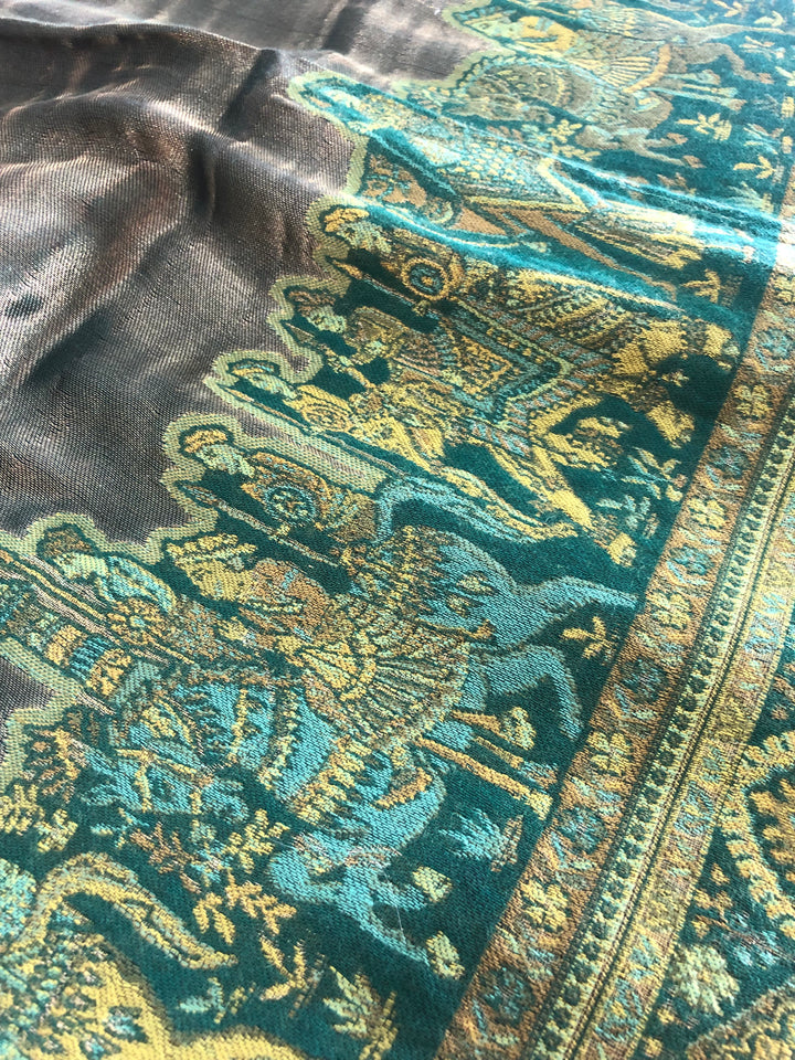 Premium Quality Moon Light Parrot Green Color Woven Pashmina Cashmere Shawl