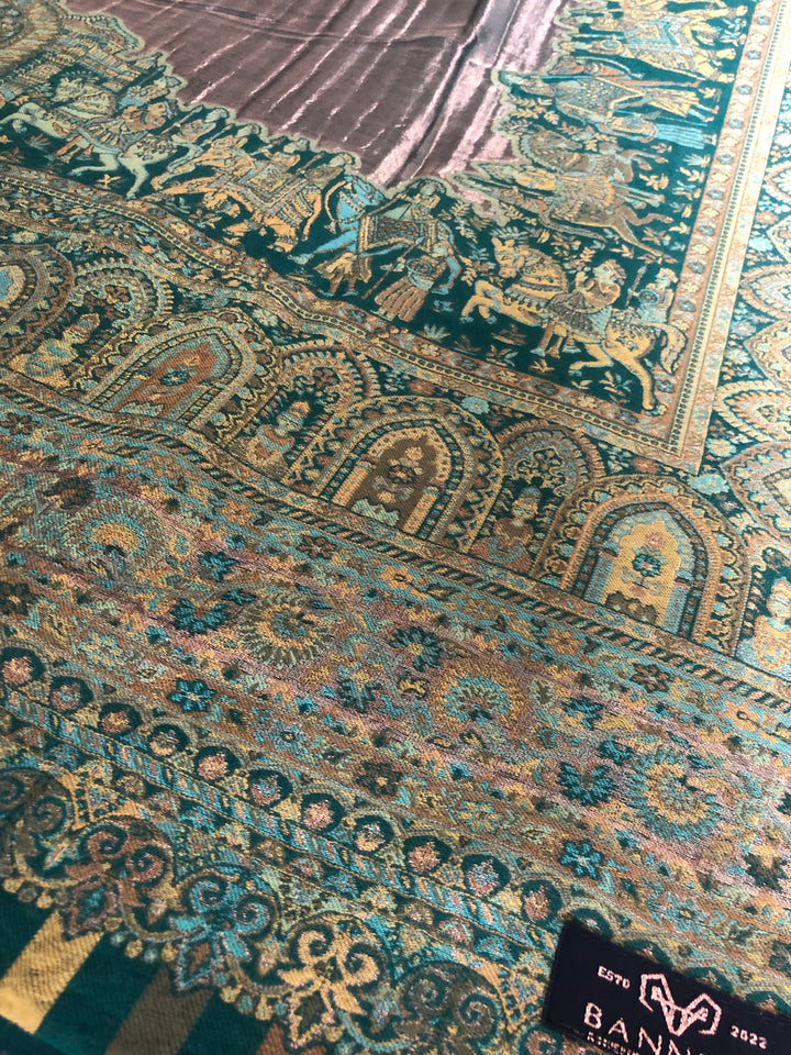 Premium Quality Moon Light Parrot Green Color Woven Pashmina Cashmere Shawl