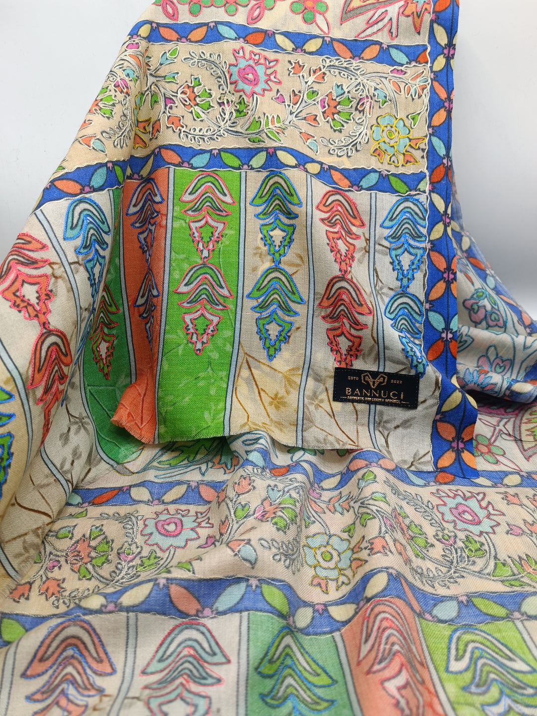 Premium Quality Beige Multi Color Embroidered Pashmina Cashmere Shawl 2