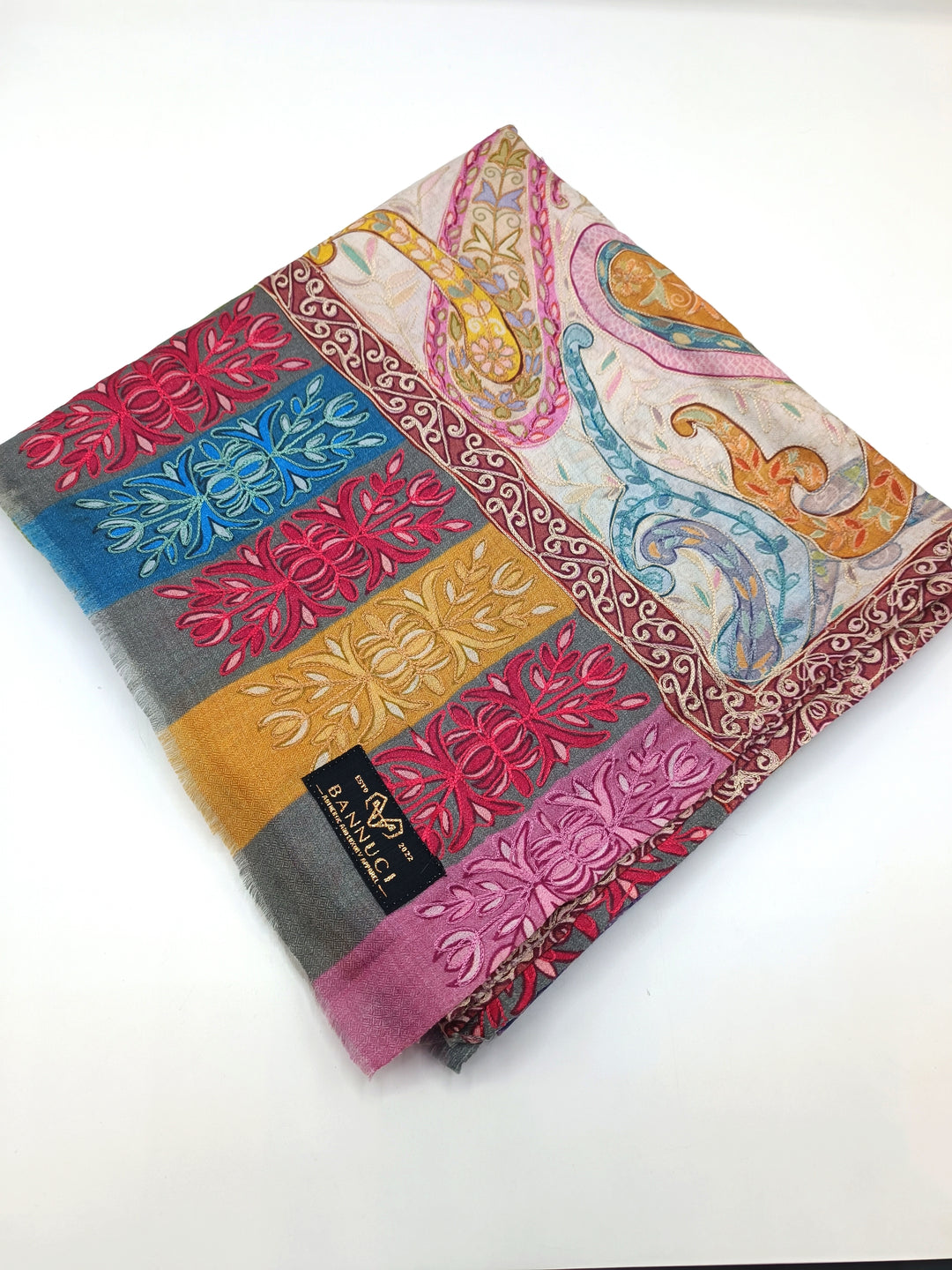 Premium Quality Beige Multi Color Embroidered Pashmina Cashmere Shawl