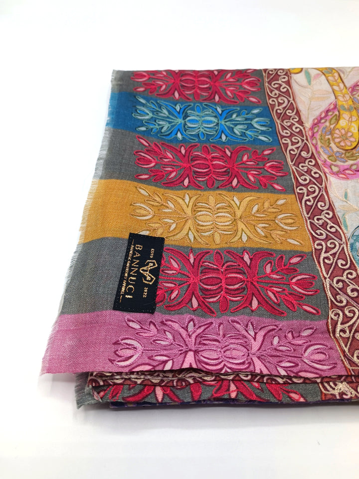 Premium Quality Beige Multi Color Embroidered Pashmina Cashmere Shawl