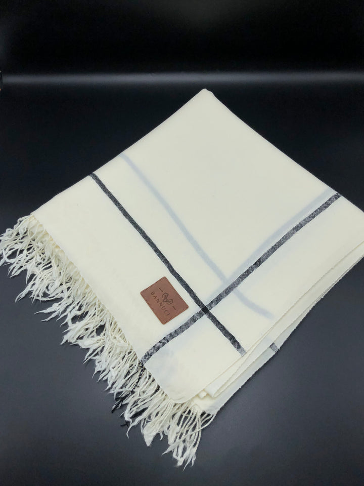 Premium Quality Off White Black Border Pure Woolen Shawl