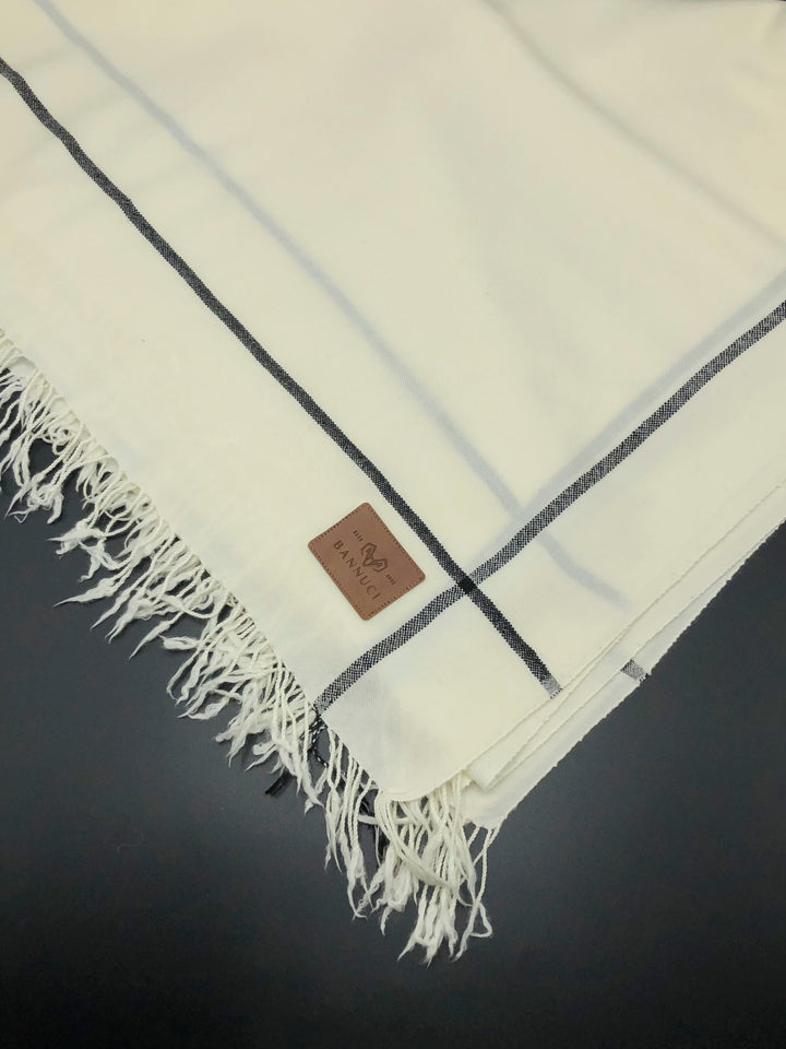 Premium Quality Off White Black Border Pure Woolen Shawl