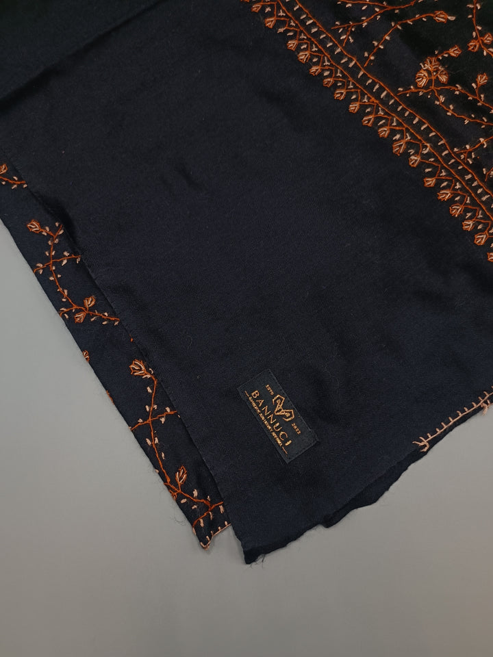 Premium Quality Black Orange Hand Embroidered Pashmina Cashmere Stole