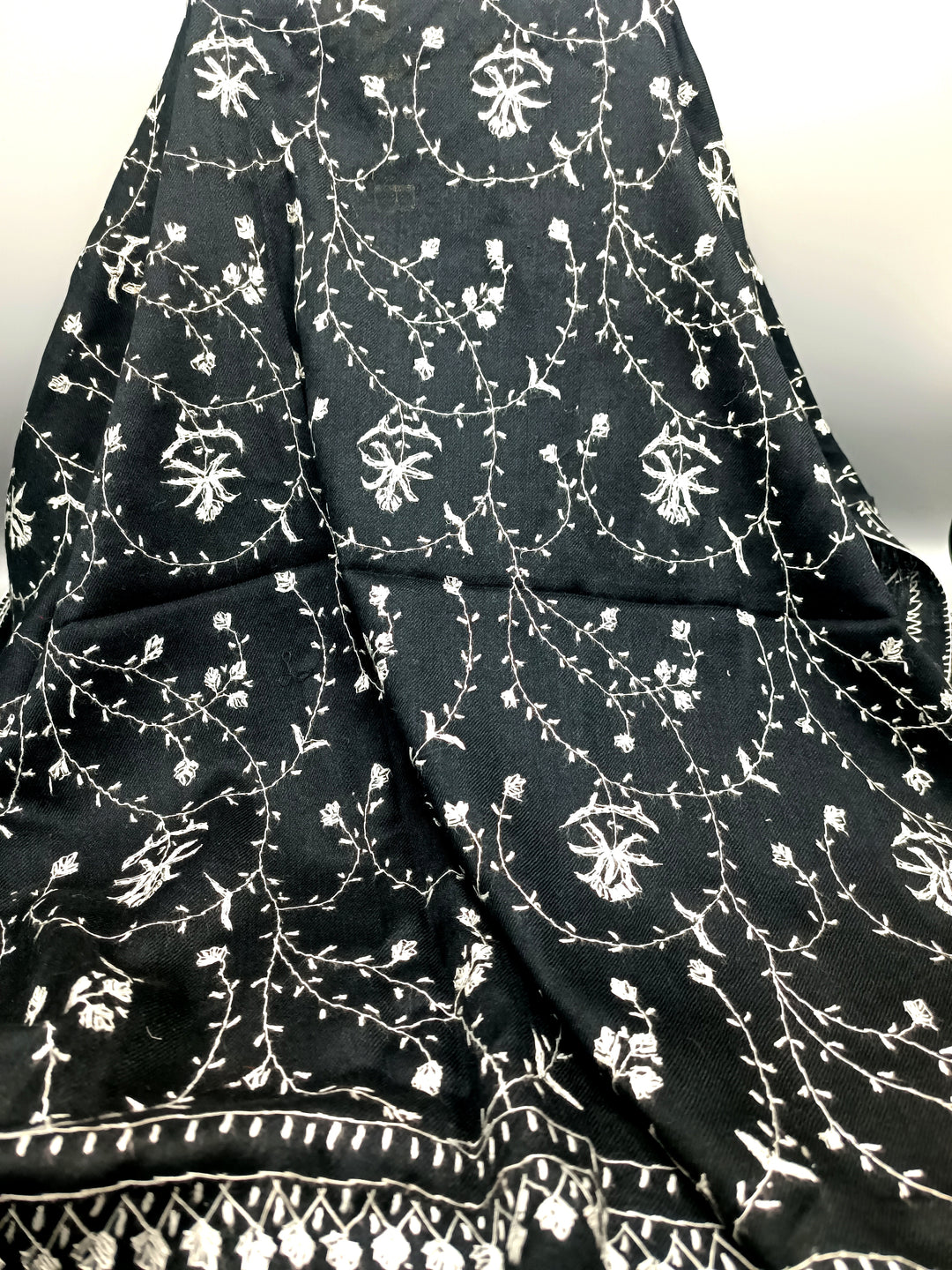 Premium Quality Black White Hand Embroidered Pashmina Cashmere Stole