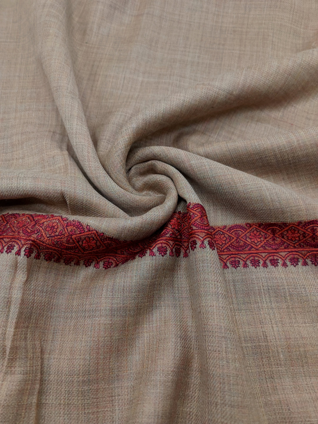 Premium Quality Brown Color Hand Embroidered Red Border Pashmina Cashmere Shawl