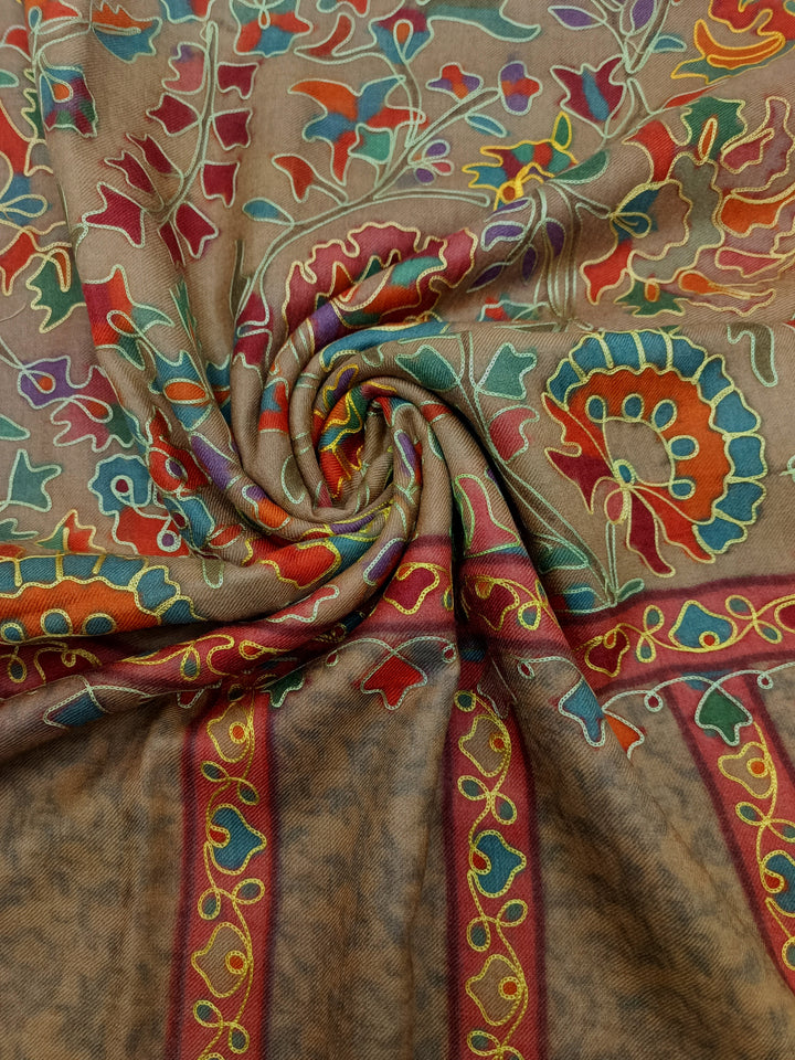 Premium Quality Brown Multi Color Embroidered Pashmina Cashmere Shawl