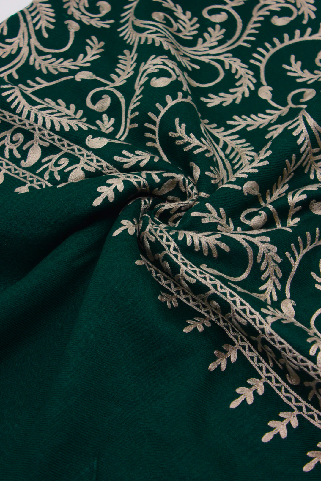 Premium Quality Dark Green Off White Embroidered Pashmina Cashmere Shawl