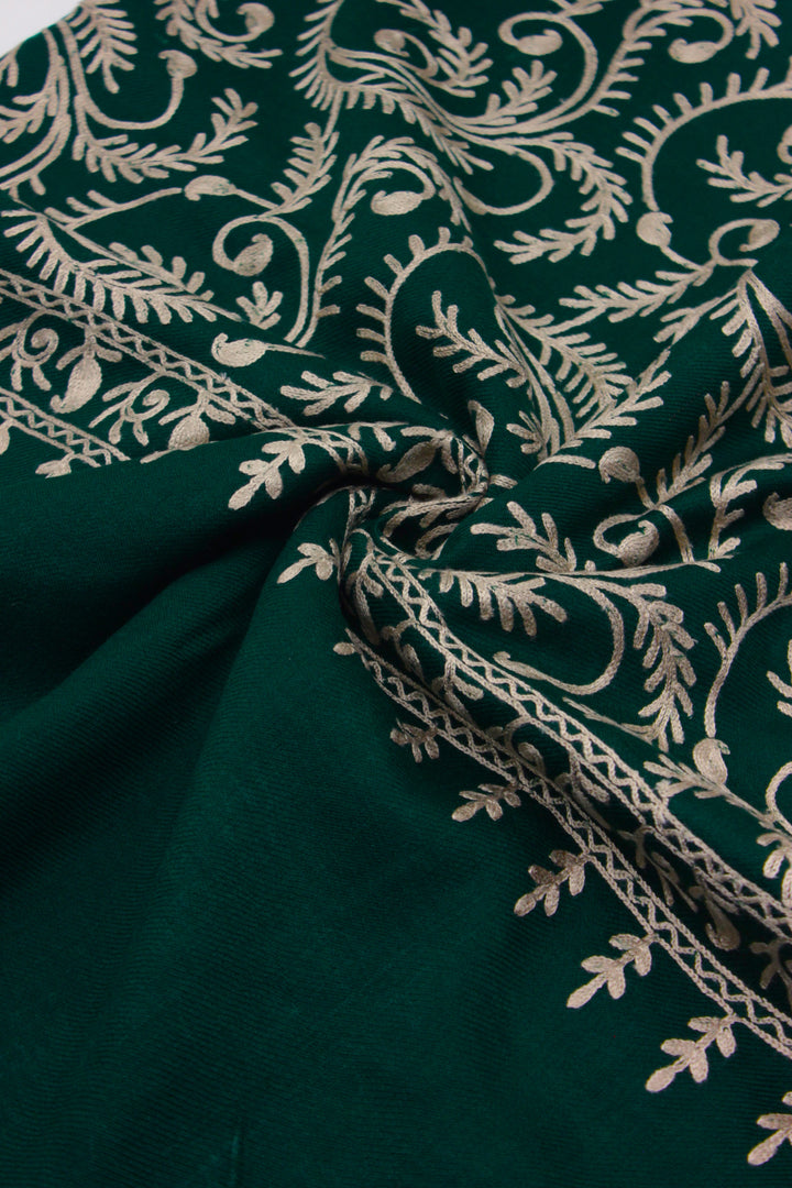 Premium Quality Dark Green Off White Embroidered Pashmina Cashmere Shawl