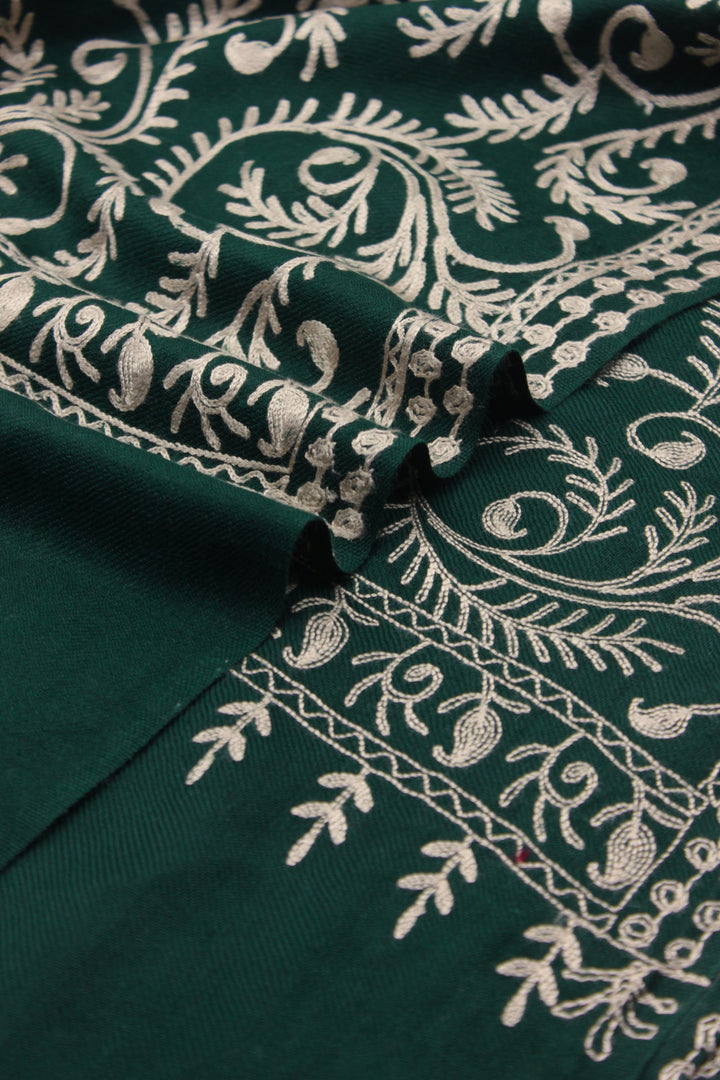 Premium Quality Dark Green Off White Embroidered Pashmina Cashmere Shawl