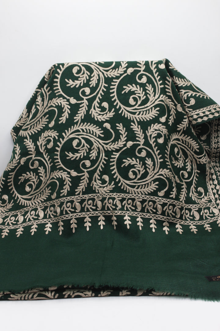 Premium Quality Dark Green Off White Embroidered Pashmina Cashmere Shawl