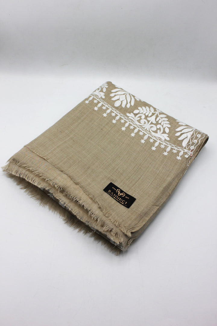 Premium Quality Half Brown White Embroidered Pashmina Cashmere Shawl