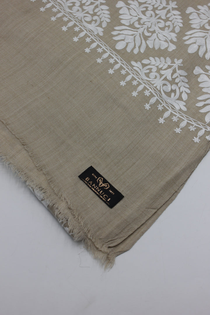 Premium Quality Half Brown White Embroidered Pashmina Cashmere Shawl