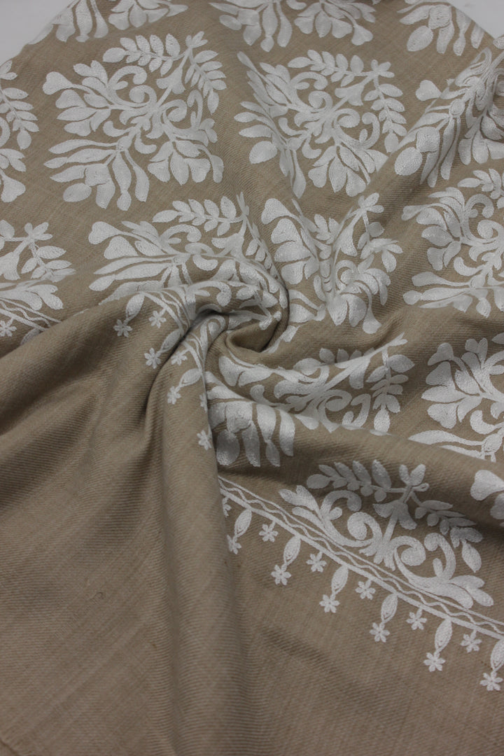 Premium Quality Half Brown White Embroidered Pashmina Cashmere Shawl