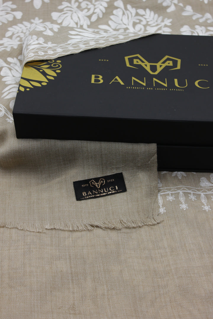 Premium Quality Half Brown White Embroidered Pashmina Cashmere Shawl