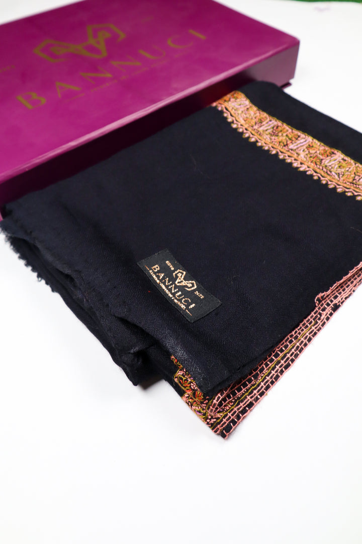 Premium Quality  Hand Embroidered Black Cashmere Pashmina scarf by Bannuci