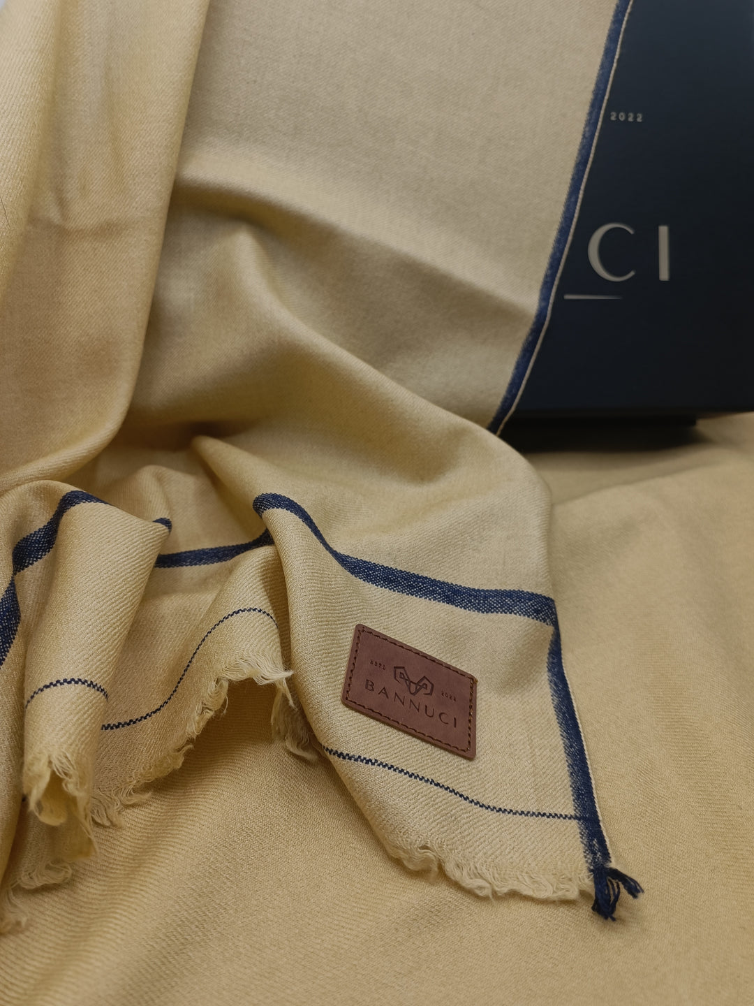 Premium Quality Light Brown Dark Blue Border Pure Woolen Shawl