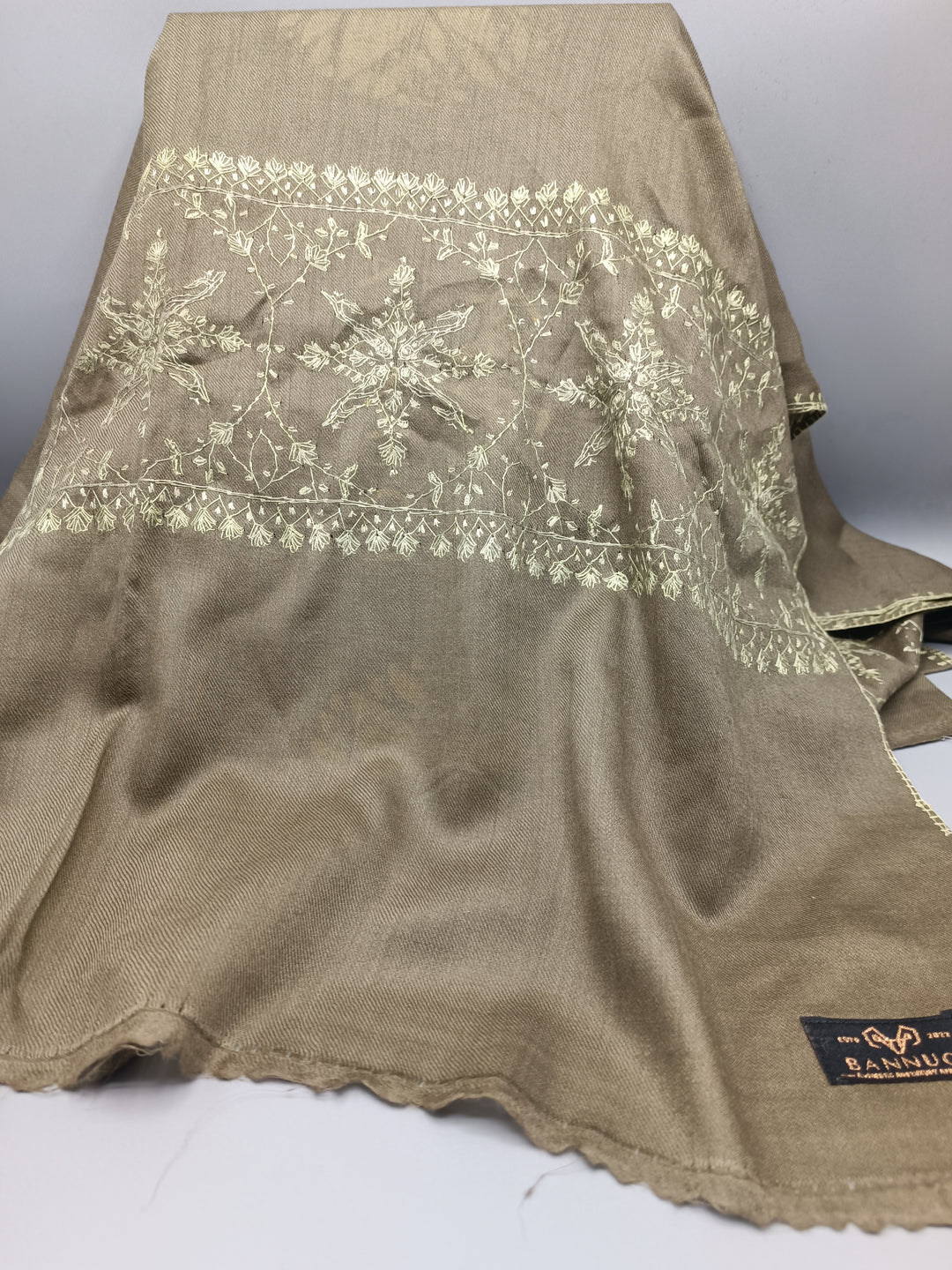 Premium Quality Light Brown Hand Embroidered Pashmina Cashmere Stole