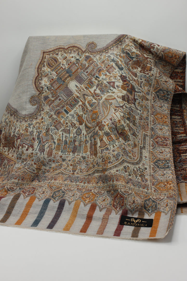 Premium Quality Light Brown Multi Color Woven Maharaja Pashmina Cashmere Shawl