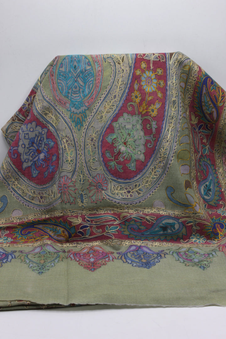 Premium Quality Light Green Multi Color Kalamkaar Pashmina Cashmere Shawl