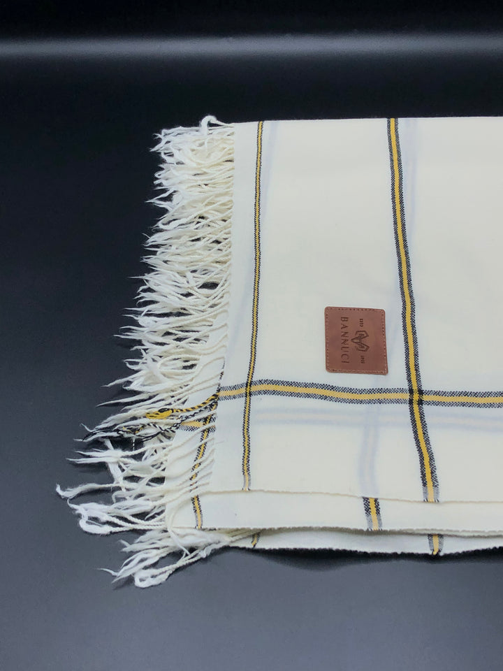 Premium Quality Off White Light Yellow Border Pure Woolen Shawl