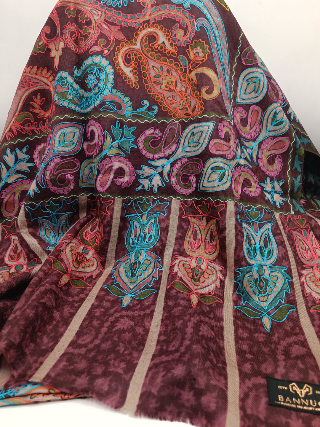 Premium Quality Maroon Multi Color Embroidered Pashmina Cashmere Shawl
