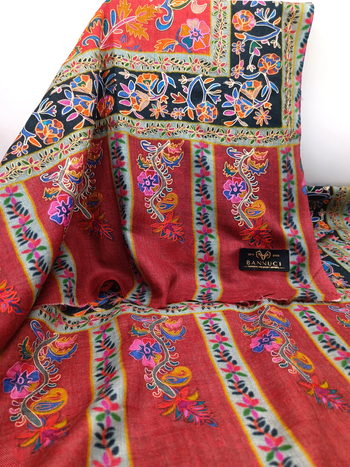Premium Quality Maroon Multi Color  Embroidered  Pashmina Cashmere Shawl