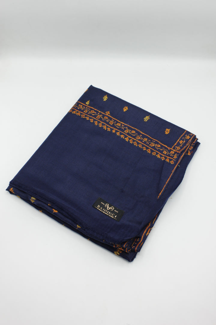 Premium Quality Navy Blue With Orange Hand Embroidered Pashmina Cashmere Shawl