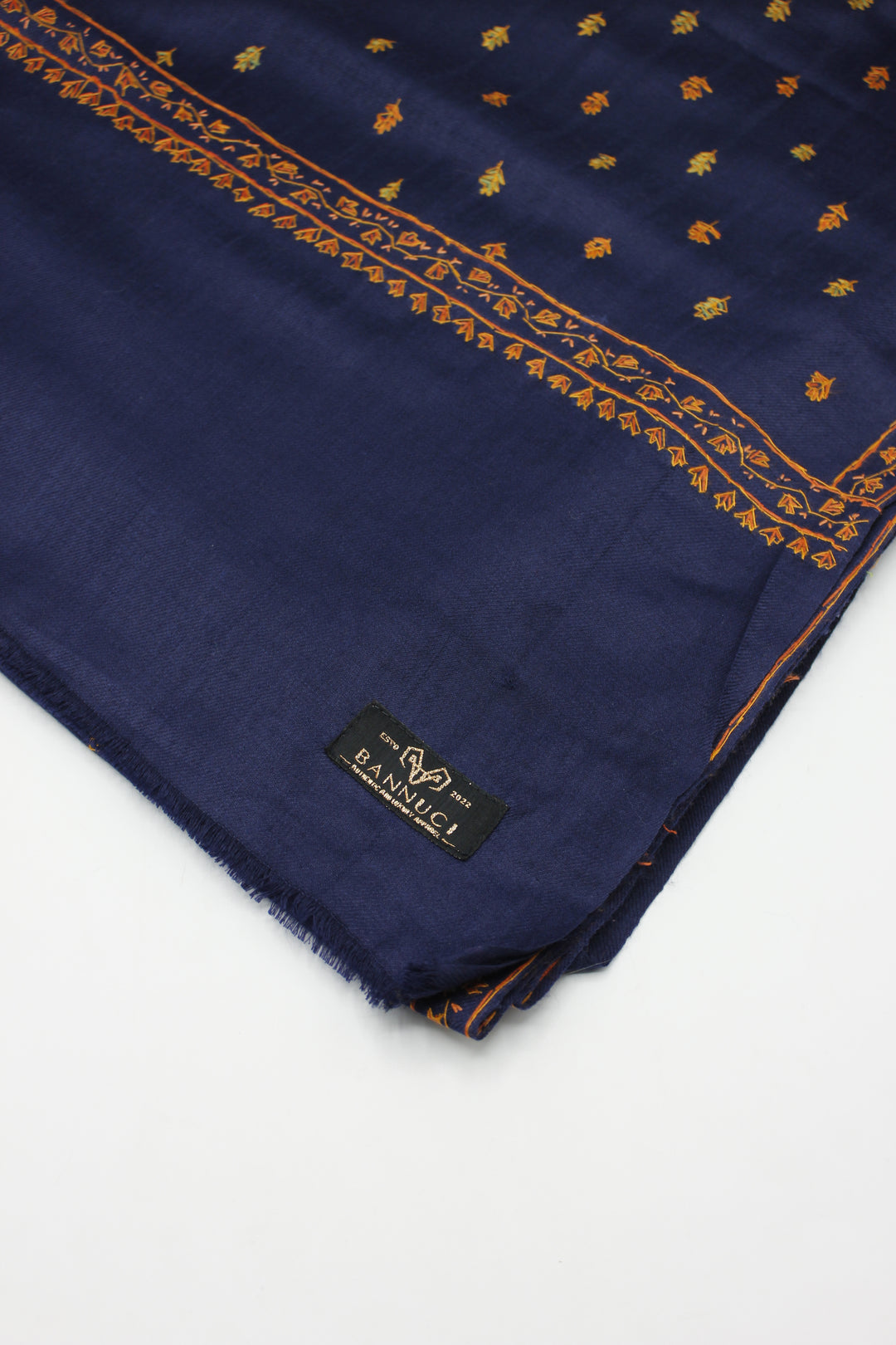 Premium Quality Navy Blue With Orange Hand Embroidered Pashmina Cashmere Shawl