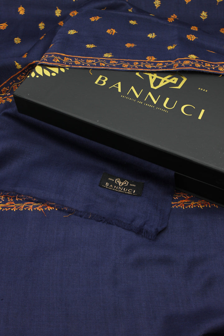 Premium Quality Navy Blue With Orange Hand Embroidered Pashmina Cashmere Shawl