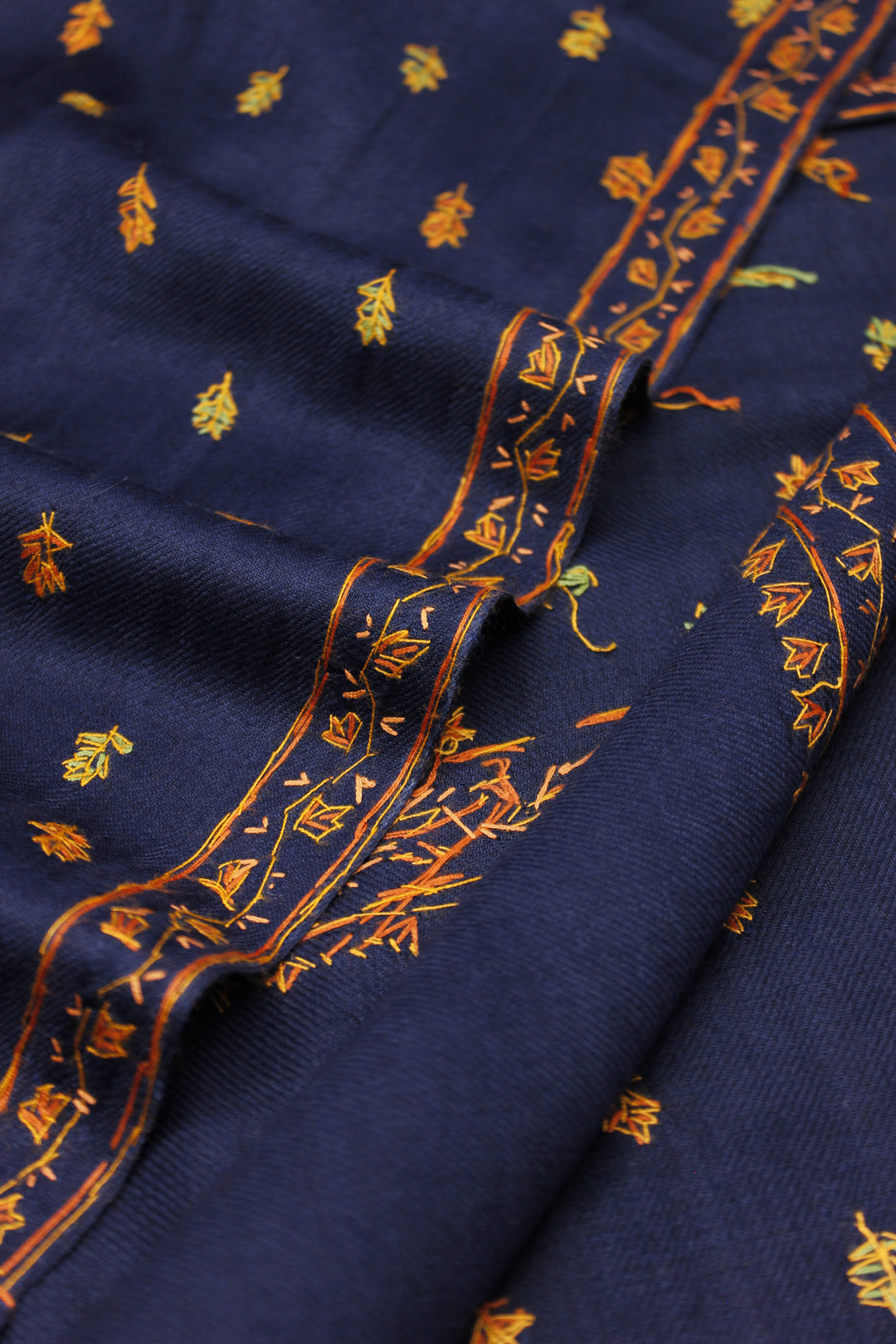 Premium Quality Navy Blue With Orange Hand Embroidered Pashmina Cashmere Shawl