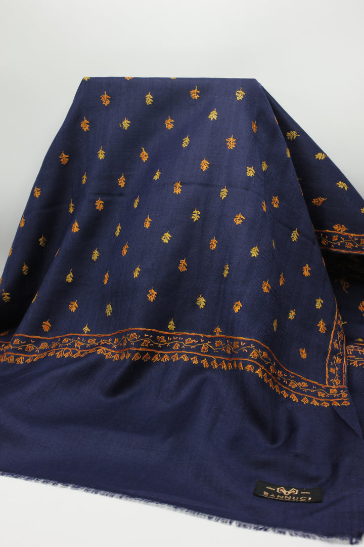 Premium Quality Navy Blue With Orange Hand Embroidered Pashmina Cashmere Shawl