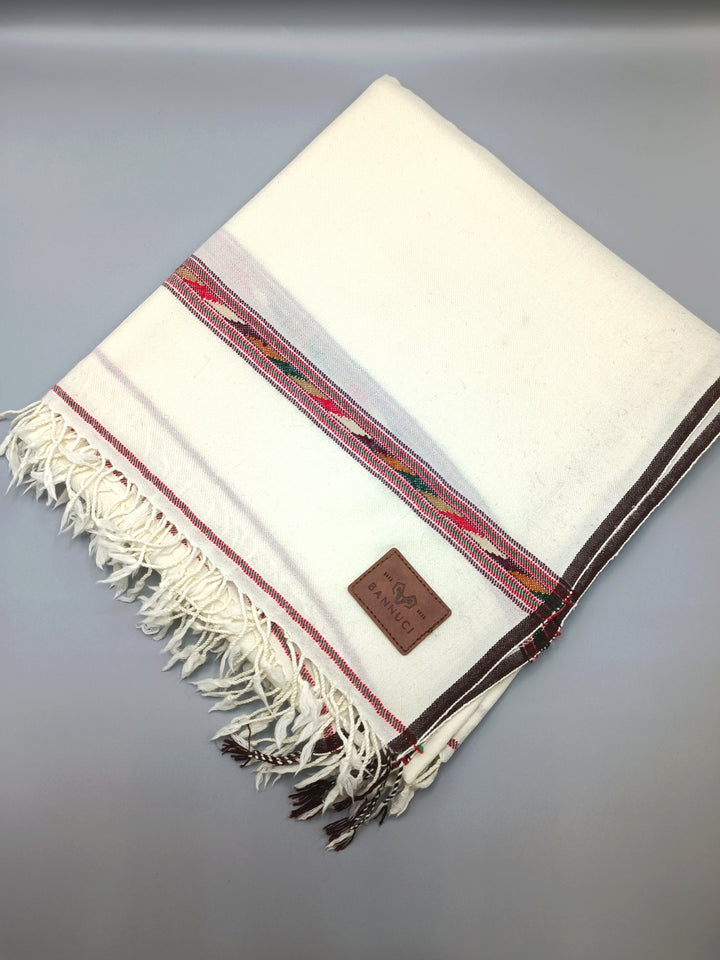 Premium Quality Off White Multi Color Red Border Pure Woolen Shawl