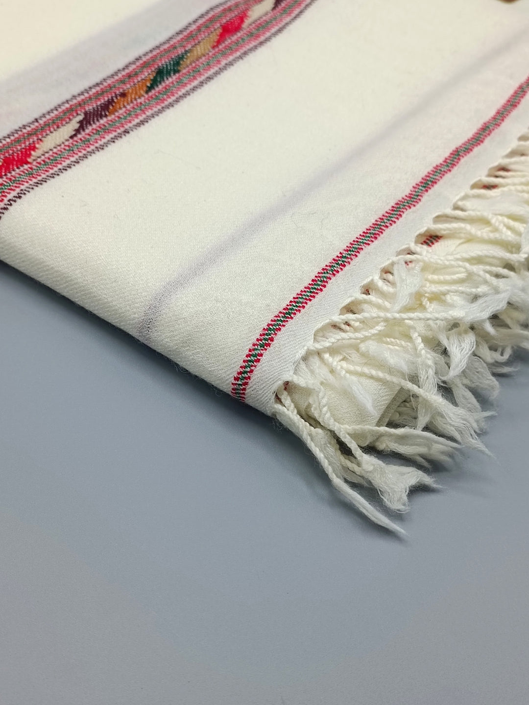 Premium Quality Off White Multi Color Red Border Pure Woolen Shawl