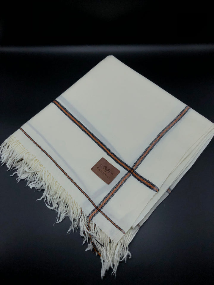 Premium Quality Off White Orange Border Pure Woolen Shawl