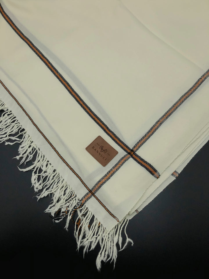 Premium Quality Off White Orange Border Pure Woolen Shawl