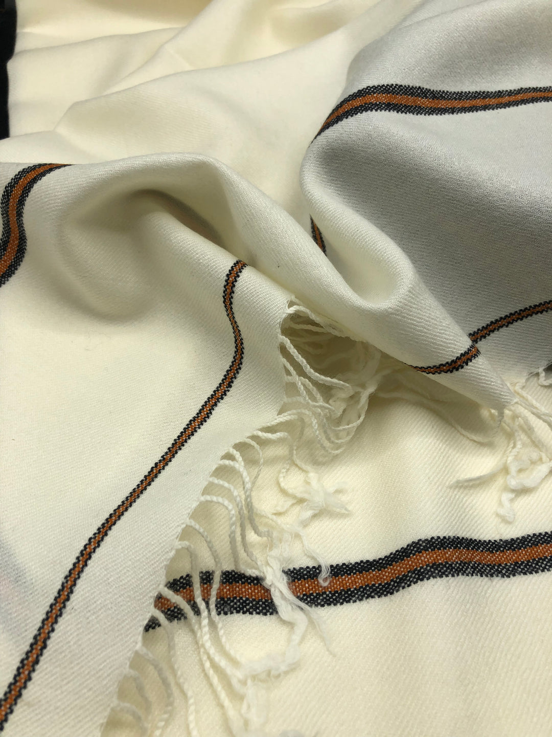 Premium Quality Off White Orange Border Pure Woolen Shawl