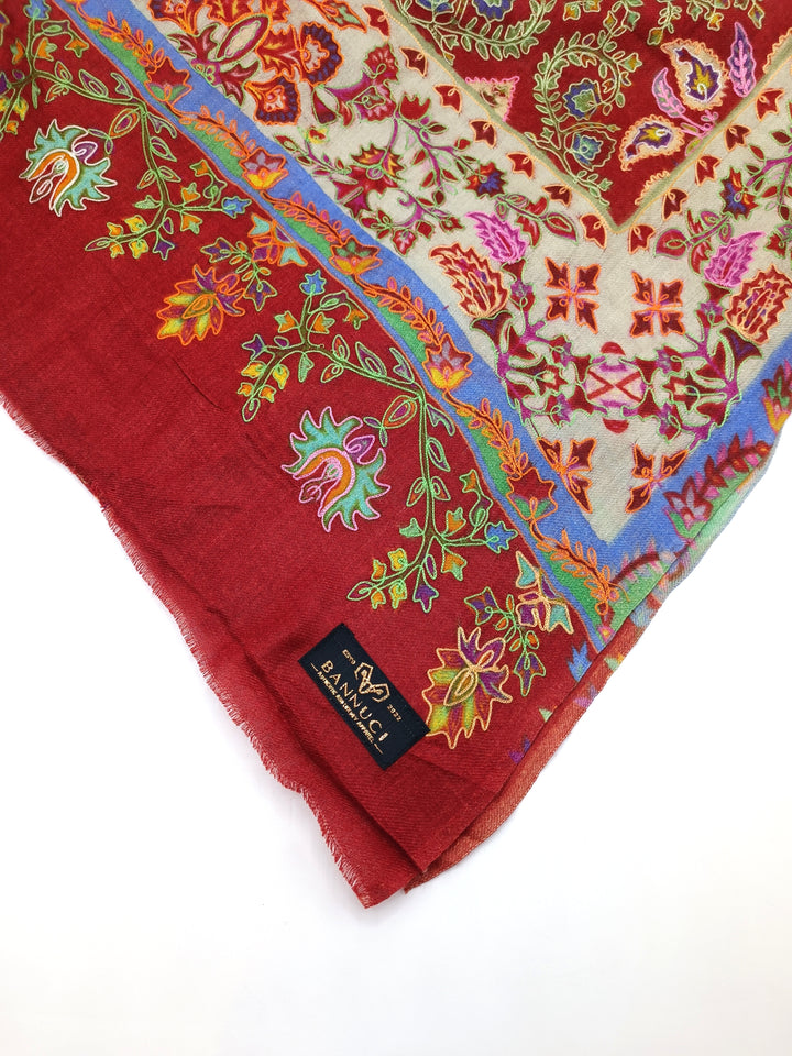 Premium Quality Red Maroon Multi Color  Embroidered Pashmina Cashmere Shawl
