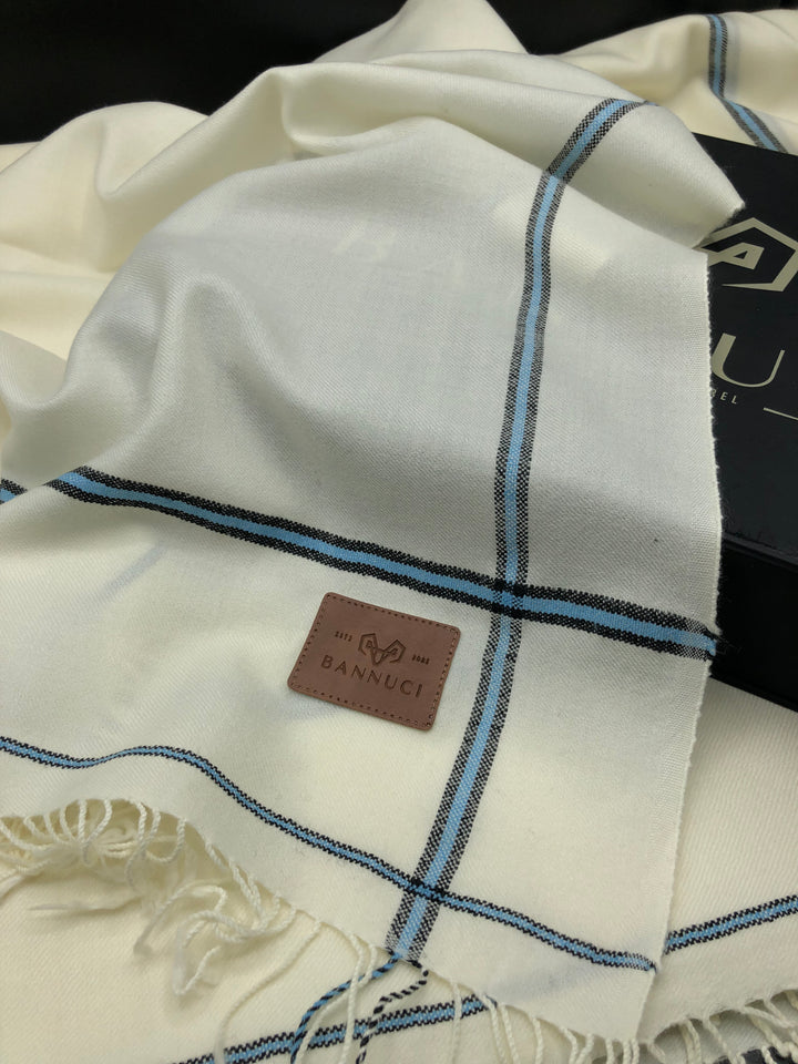 Premium Quality Off White Sky Blue Border Pure Woolen Shawl