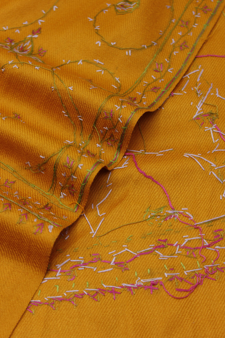 Premium Quality Yellow Hand Embroidered Pashmina Cashmere Shawl