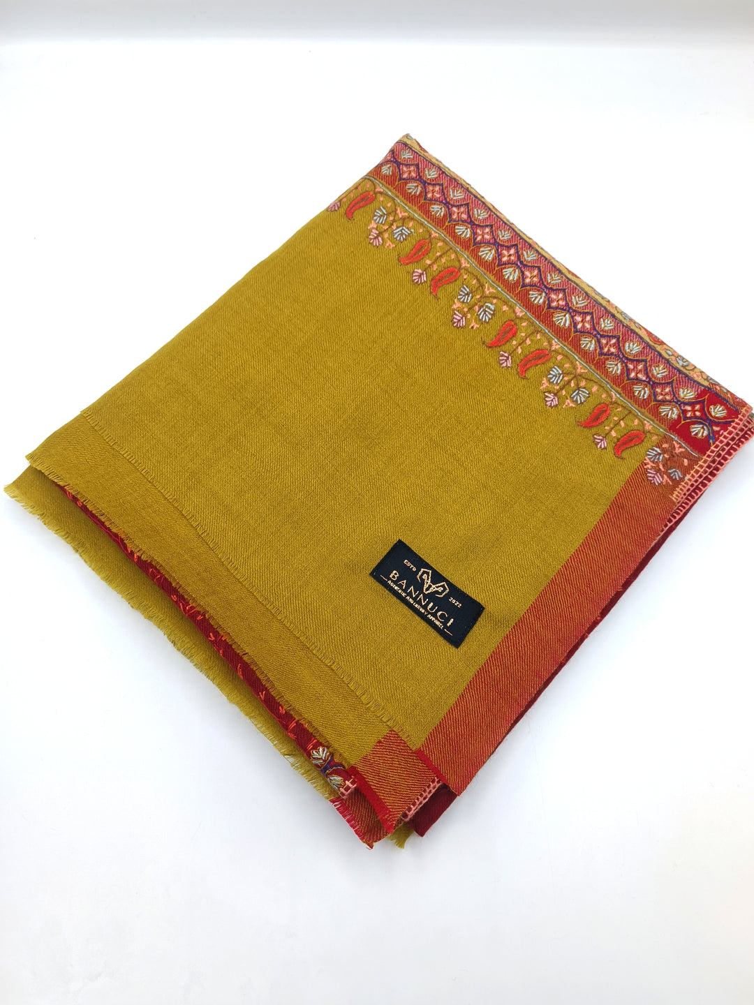 Premium Quality Yellow Red Hand Embroidered Pashmina Cashmere Shawl