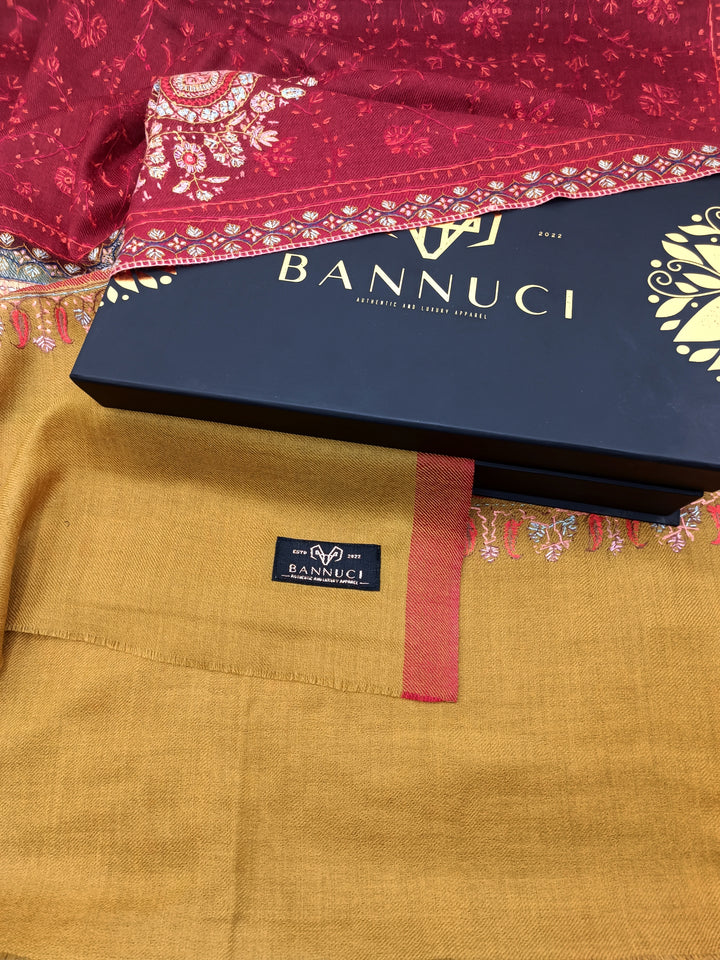 Premium Quality Yellow Red Hand Embroidered Pashmina Cashmere Shawl