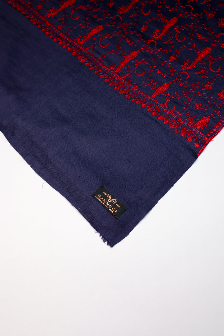 Premium Quality fully Hand embroidered Blue with red embroidery pashmina/Cashmere shawl
